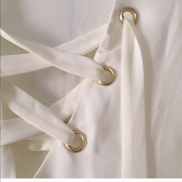 Off White Cream Lace Up Blouse Top Gold Details - Picture 2 of 2